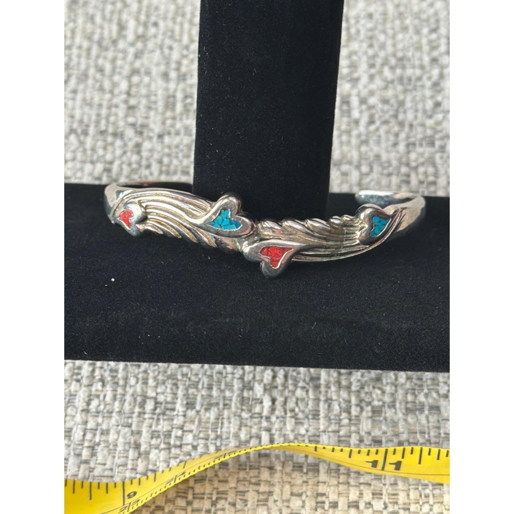 Vintage Southwestern Nickel Silver Cuff Bracelet Heart Turquoise Red Chip Inlay